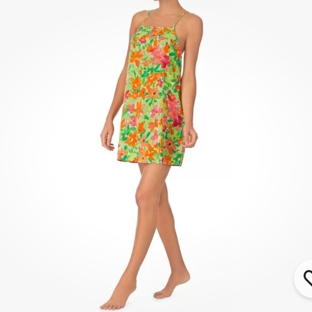 Sanctuary NWT Lime Print Floral Rouched Neck, Spaghetti Strap Nightgown Ret $54